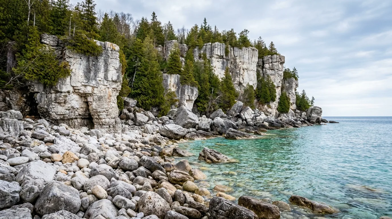A wild boulder and cobble beach cove backed by white dolomite limestone cliffs meeting clear turquoise Georgian Bay water with smooth rounded rocks, Halfway Log Dump Bruce Peninsula National Park Ontario, ultrarealistic photograph representative of the region