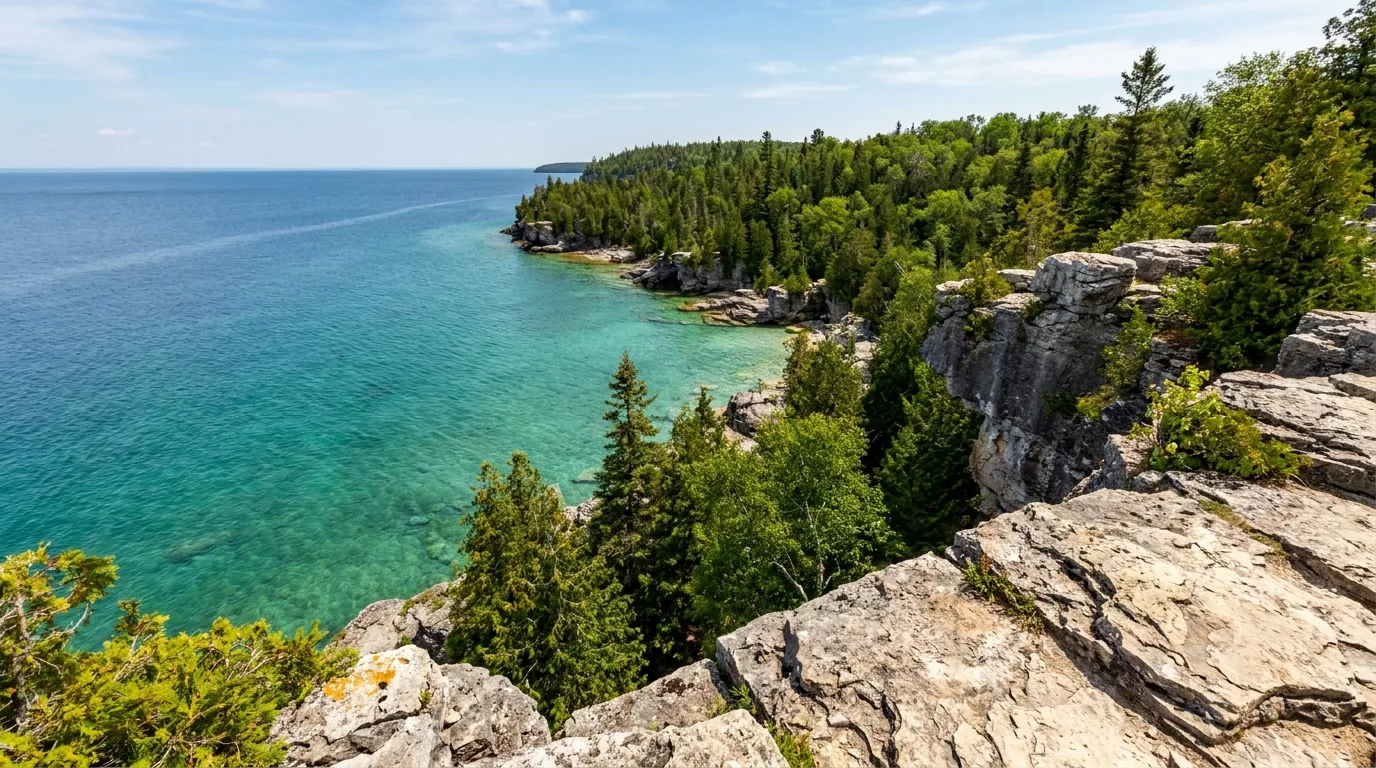 A dramatic white dolomite limestone clifftop viewpoint over 60 metres above brilliant turquoise Georgian Bay water with a forested shoreline curving away on a clear day, Lion's Head lookout Bruce Peninsula Ontario, ultrarealistic photograph representative of the region