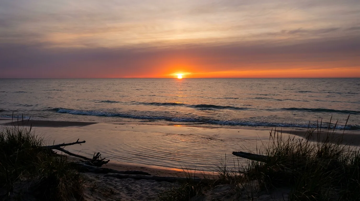 A wide sandy freshwater beach at sunset with the sun sinking into Lake Huron, warm orange and violet sky reflected on shallow water and wet sand, gentle waves, Sauble Beach Ontario, ultrarealistic photograph representative of the region