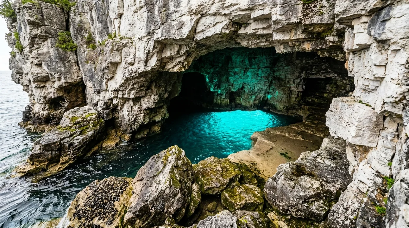 A turquoise-lit limestone sea cave opening on the Georgian Bay shore with electric turquoise water glowing inside the cave mouth and white dolomite rock, the Grotto Bruce Peninsula National Park Ontario, ultrarealistic photograph representative of the region