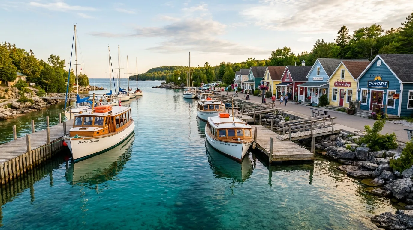A small sheltered village harbour with tour boats and sailboats moored on clear blue water, waterfront shops and docks, Little Tub Harbour Tobermory Bruce Peninsula Ontario, warm afternoon light, ultrarealistic photograph representative of the region