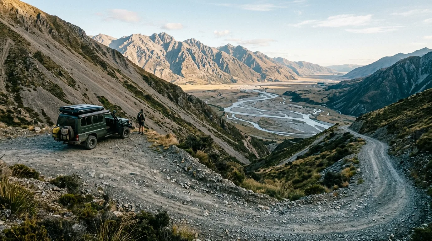 Steep rough gravel road descending the Big Hill into the vast Ghost River valley with a 4x4 paused at the top