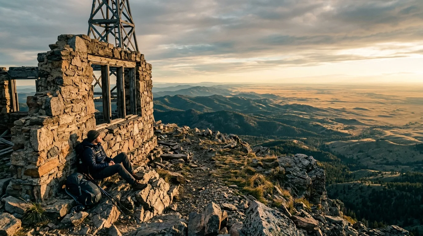 Weathered abandoned fire lookout ruin on the bare summit of Black Rock Mountain with foothills stretching east