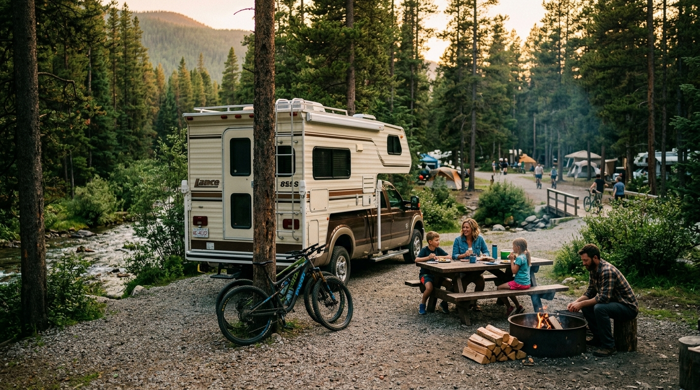 Truck camper at a treed creekside campground in lodgepole pine forest on a relaxed summer evening