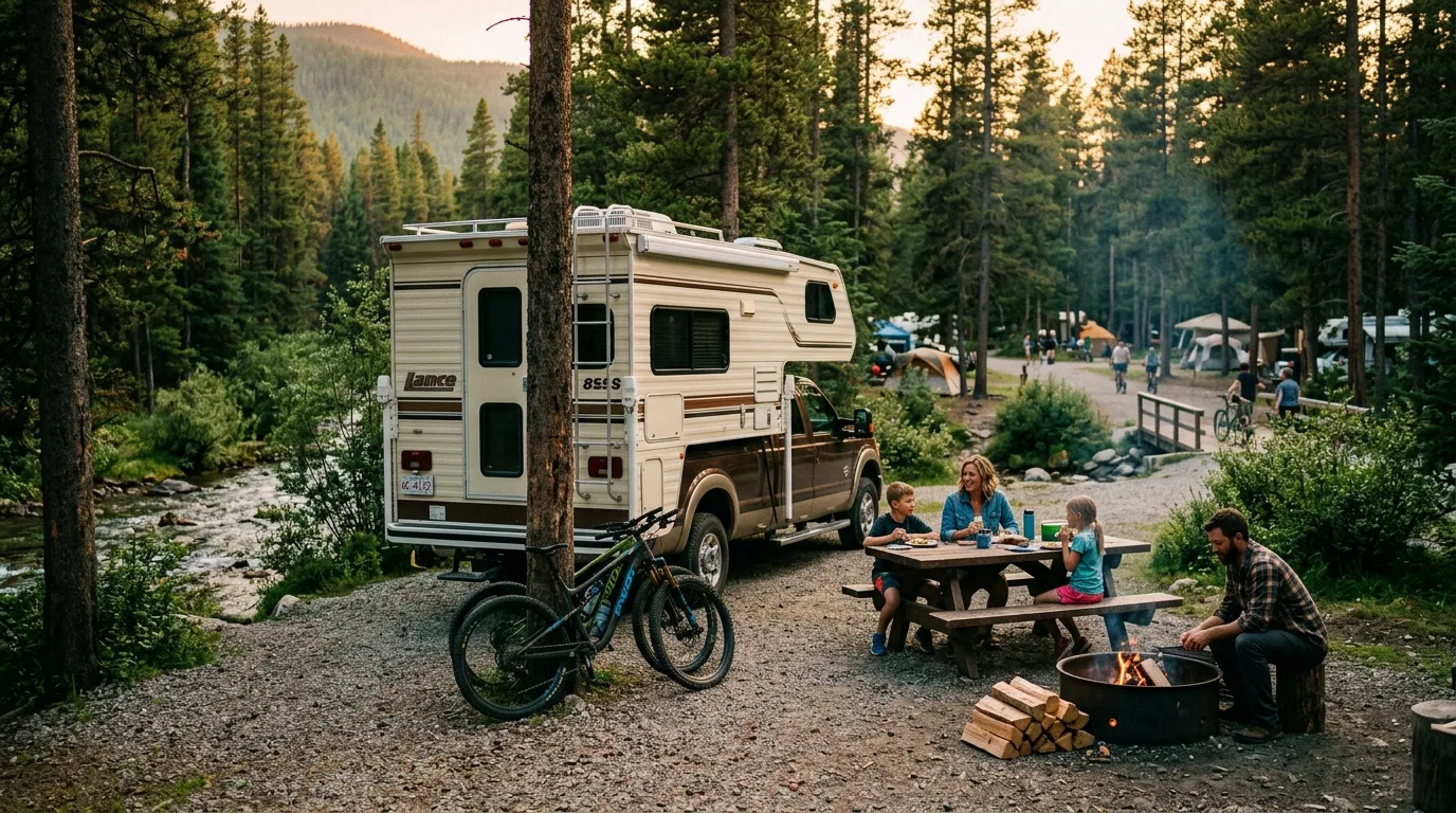 Truck camper at a treed creekside campground in lodgepole pine forest on a relaxed summer evening