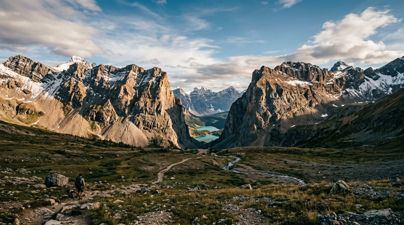 The deep notch of Devil's Gap through the limestone ranges with the Ghost Lakes chain beyond