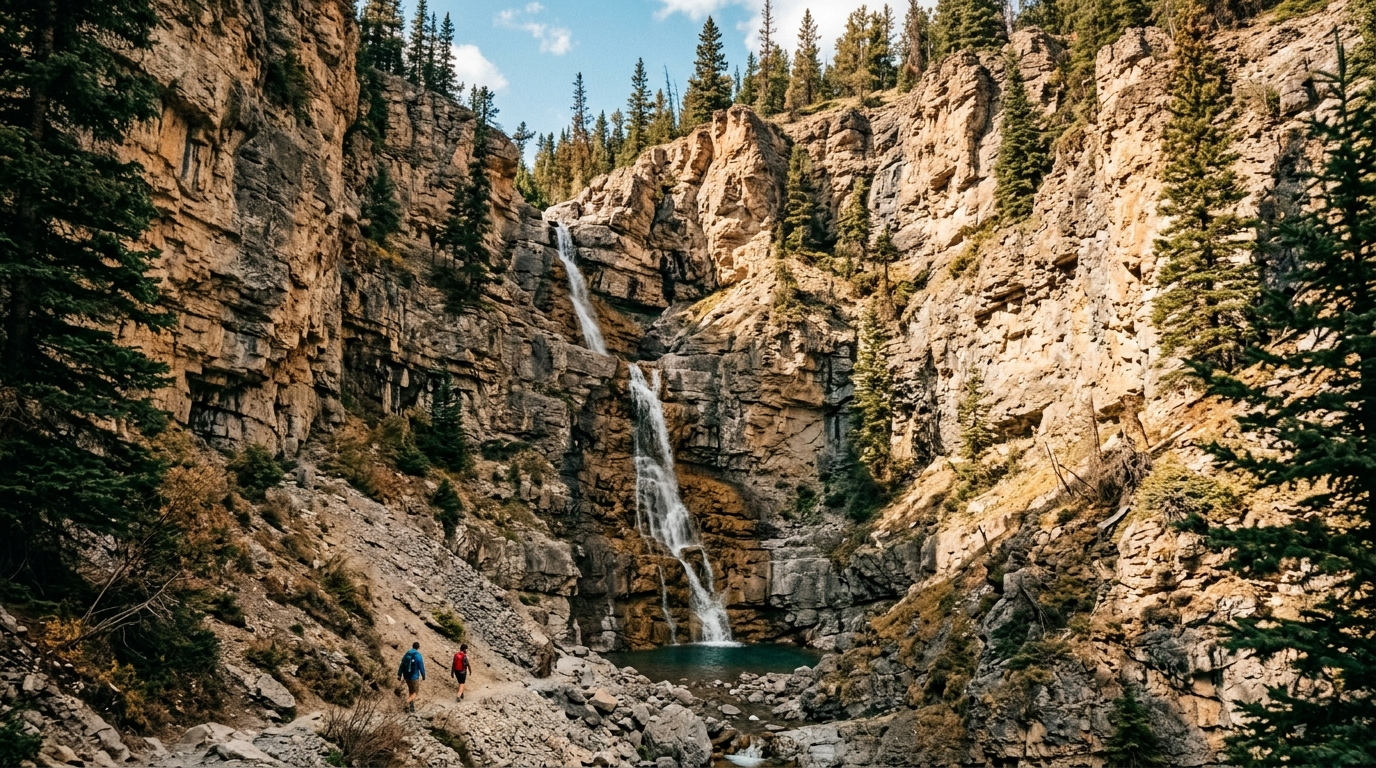 Slender waterfall in a dry limestone gorge in the South Ghost canyon country