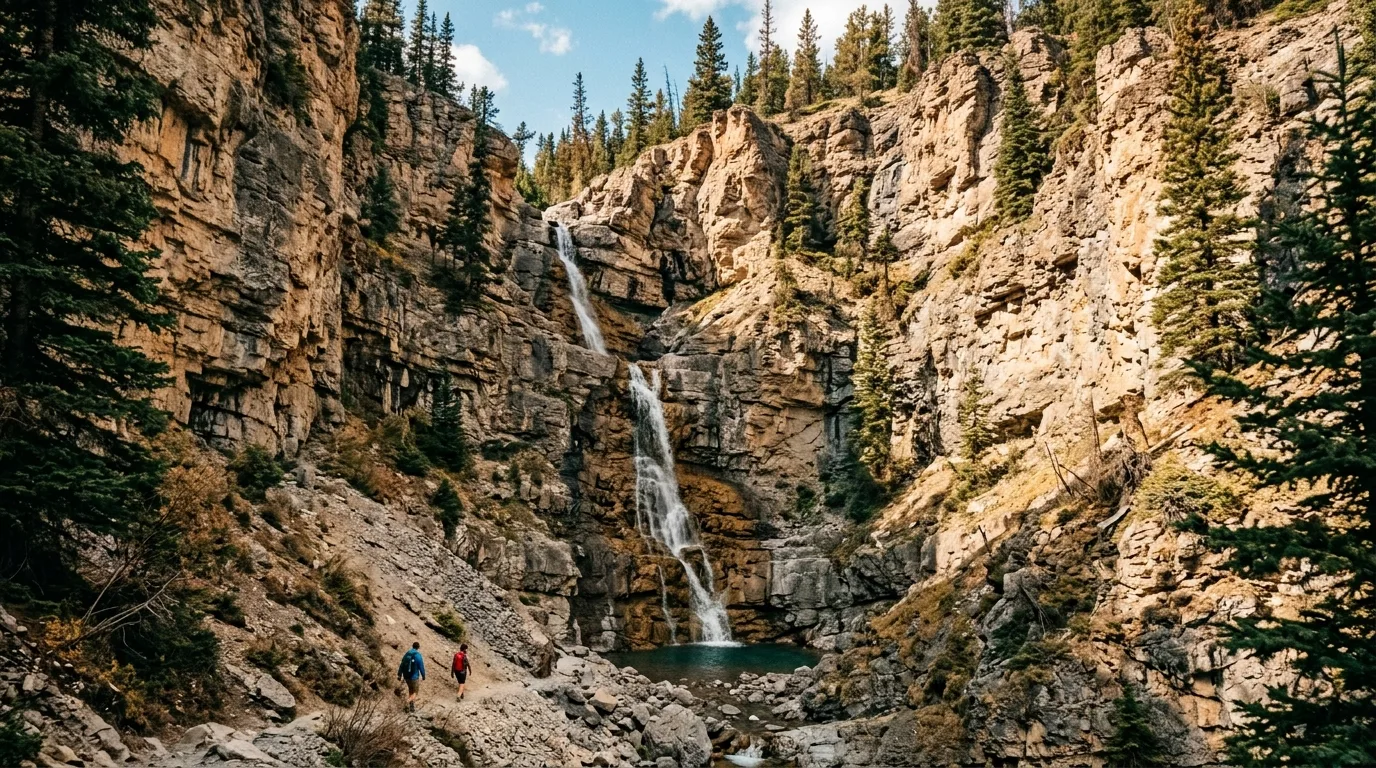 Slender waterfall in a dry limestone gorge in the South Ghost canyon country