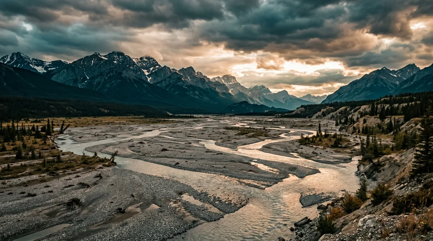 Wide braided gravel flats of the Ghost River under dramatic clouds with limestone front ranges behind