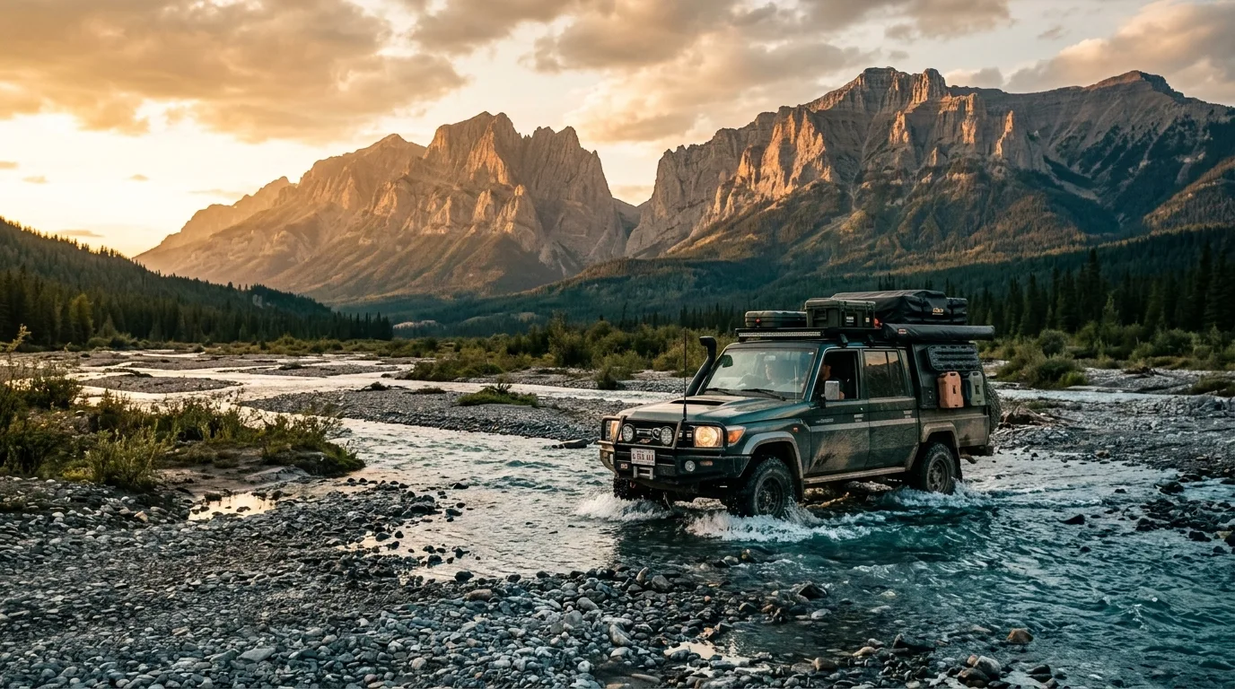 Overland 4x4 fording braided gravel channels of the Ghost River toward a deep gap in the limestone front ranges at golden hour