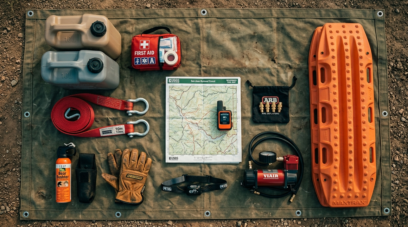 Overhead flat lay of an overlanding kit: recovery strap and shackles, tire deflators, compressor, topographic map, bear spray, satellite communicator, water jugs, traction boards