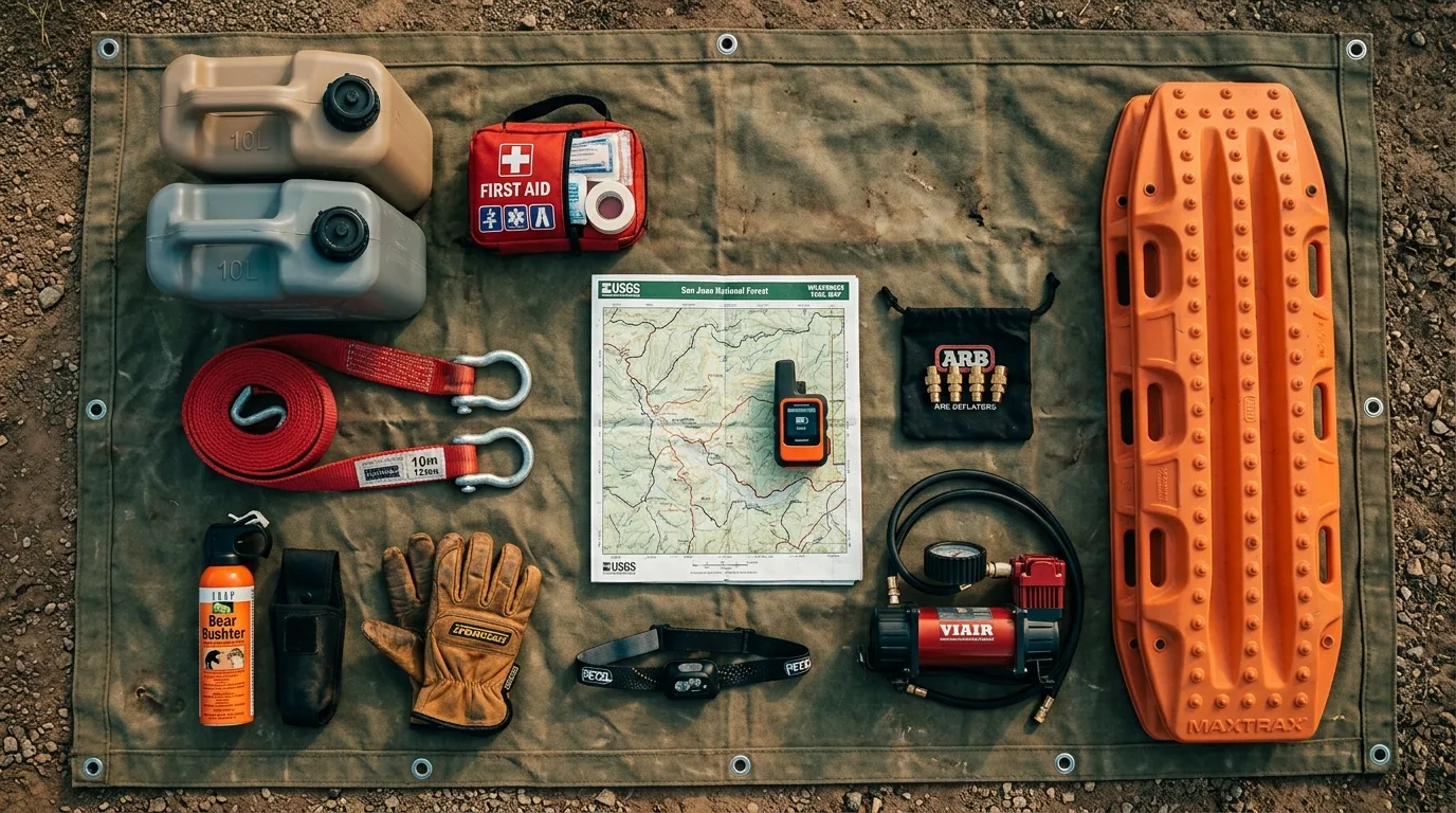 Overhead flat lay of an overlanding kit: recovery strap and shackles, tire deflators, compressor, topographic map, bear spray, satellite communicator, water jugs, traction boards