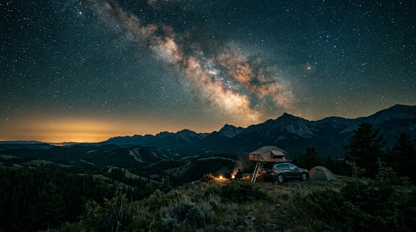 Milky Way over dark foothills with a faint city glow low on the eastern horizon and a rooftop tent camp silhouetted