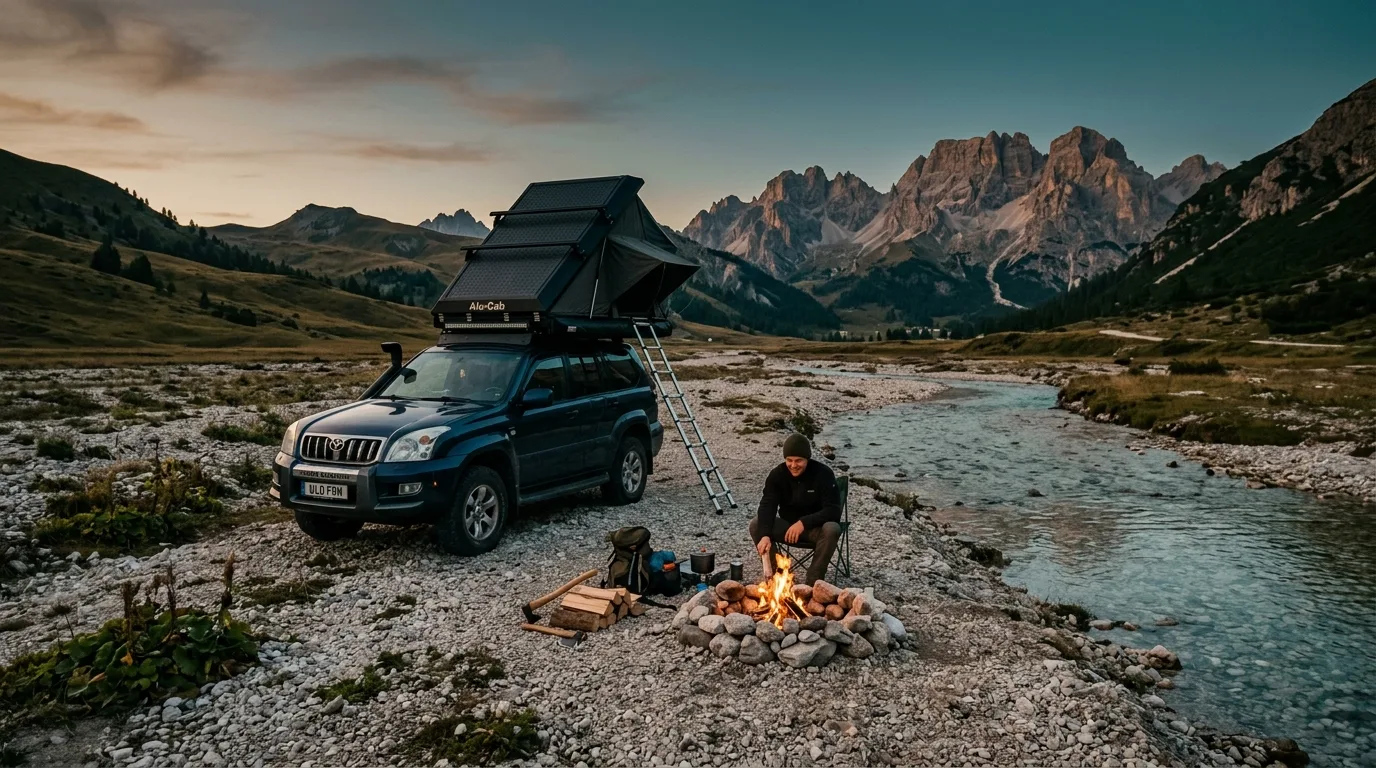Rooftop tent 4x4 random-camped alone on gravel flats beside a shallow mountain river at dusk