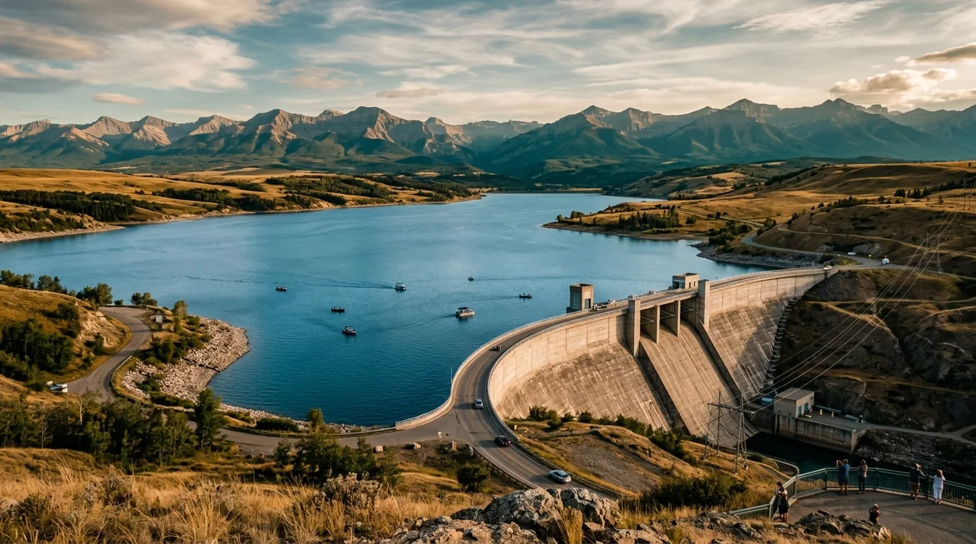 Ghost Reservoir behind its dam in rolling foothills with mountains on the western horizon