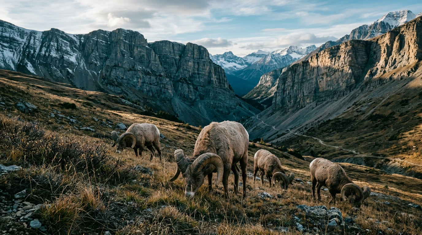 Bighorn rams on a windswept grassy slope at the mouth of a mountain gap