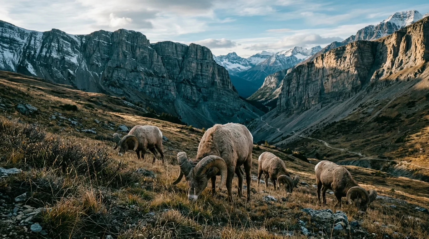 Bighorn rams on a windswept grassy slope at the mouth of a mountain gap