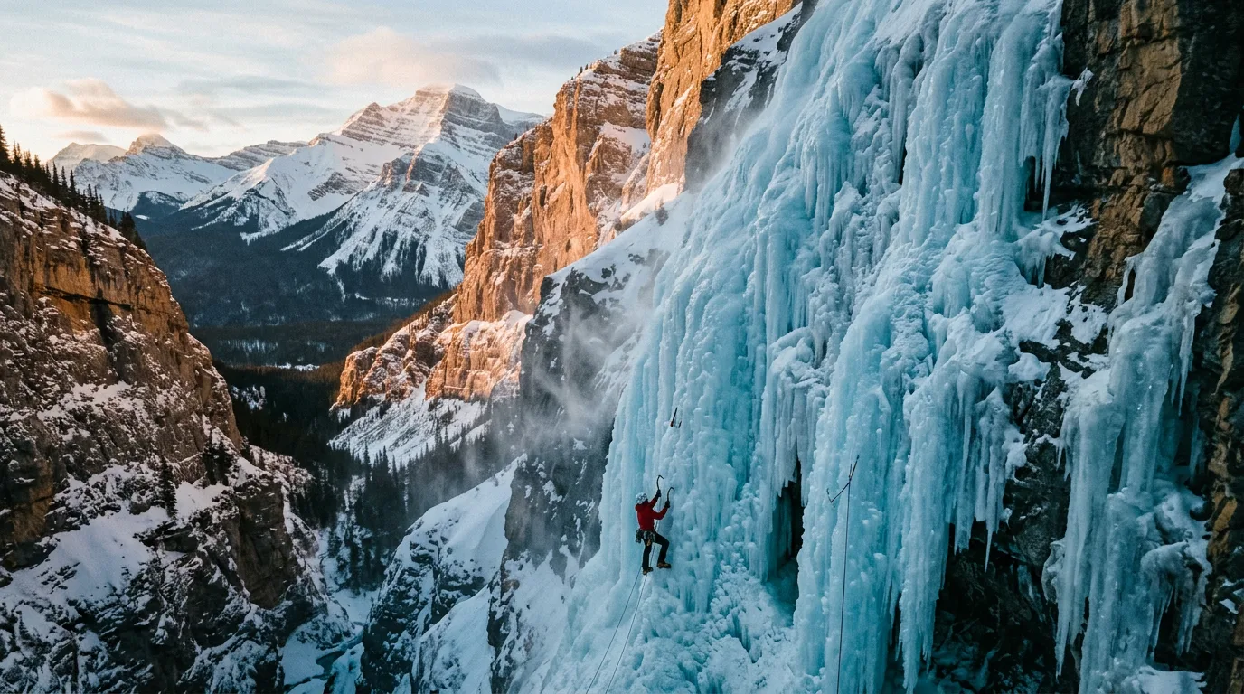 Ice climber tiny against a huge frozen blue waterfall in a remote winter canyon with spindrift blowing