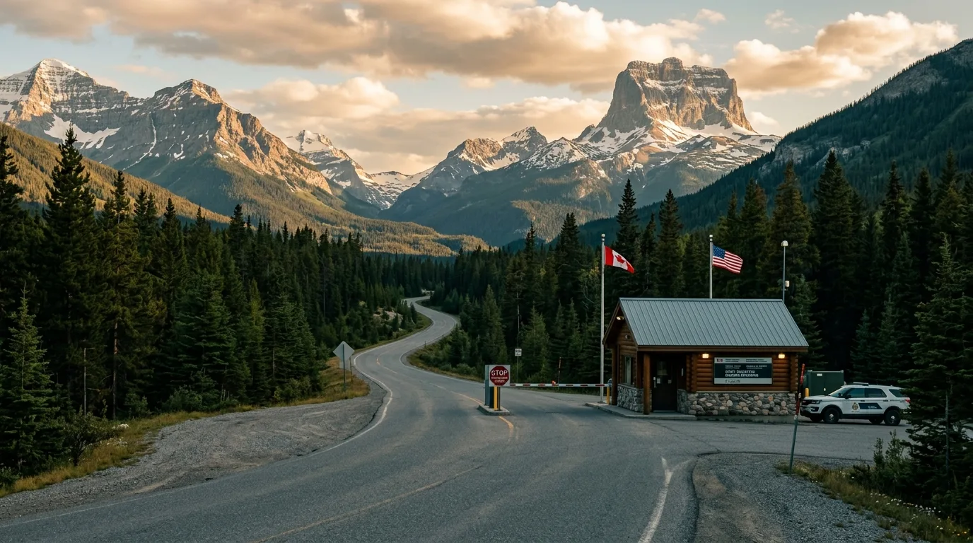 Remote two-lane highway border crossing station between prairie and mountains under a wide sky