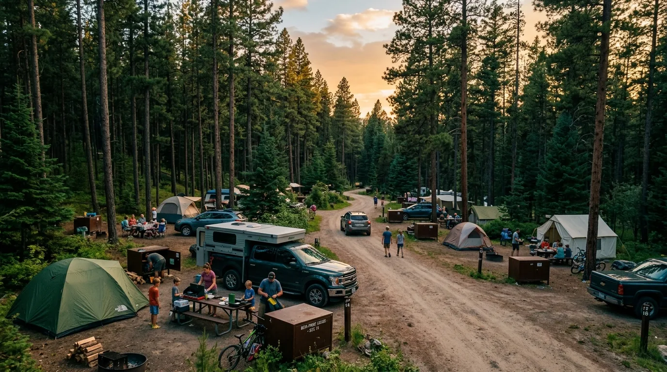 Truck camper parked among tall conifers at a mountain campground with a bear-proof food locker beside the picnic table