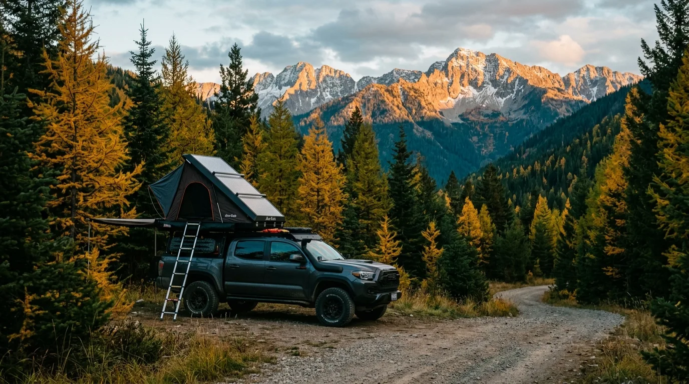 Rooftop tent rig camped alone on a forest road pullout above a long reservoir at dusk