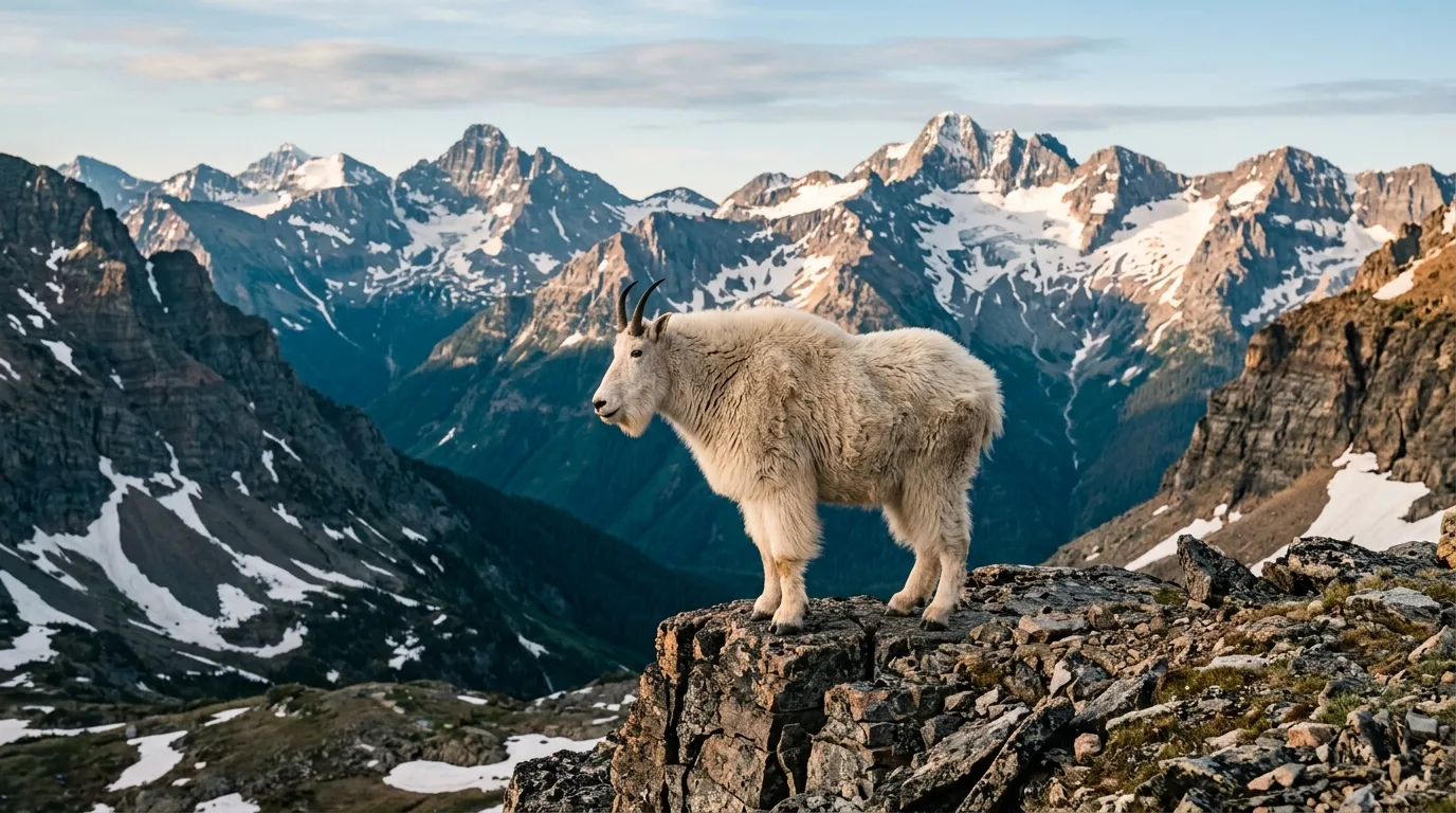 Mountain goat standing on a rocky outcrop above a high pass with hikers visible on the trail below