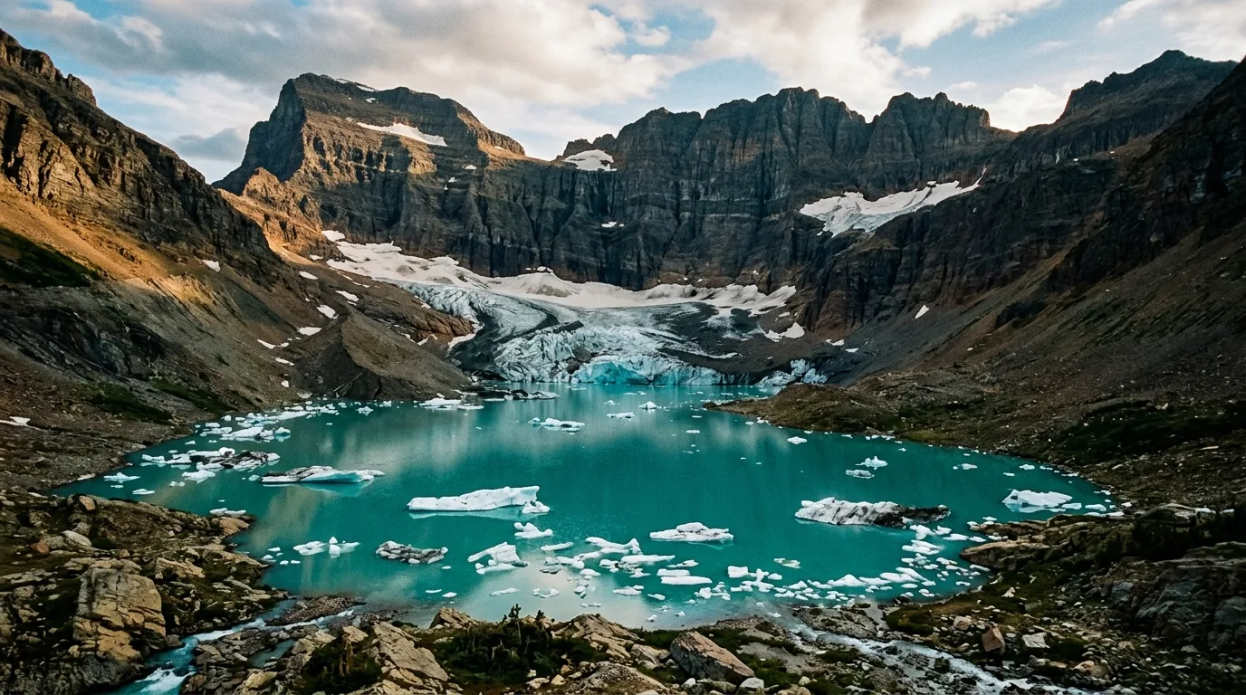 Shrinking blue-white glacier above a milky turquoise meltwater lake ringed by dark cliffs