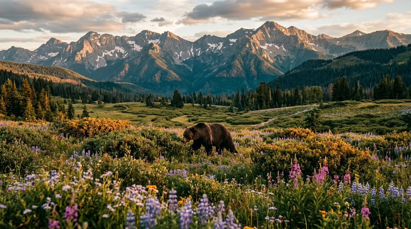 Grizzly bear moving through a subalpine huckleberry meadow with mountains behind