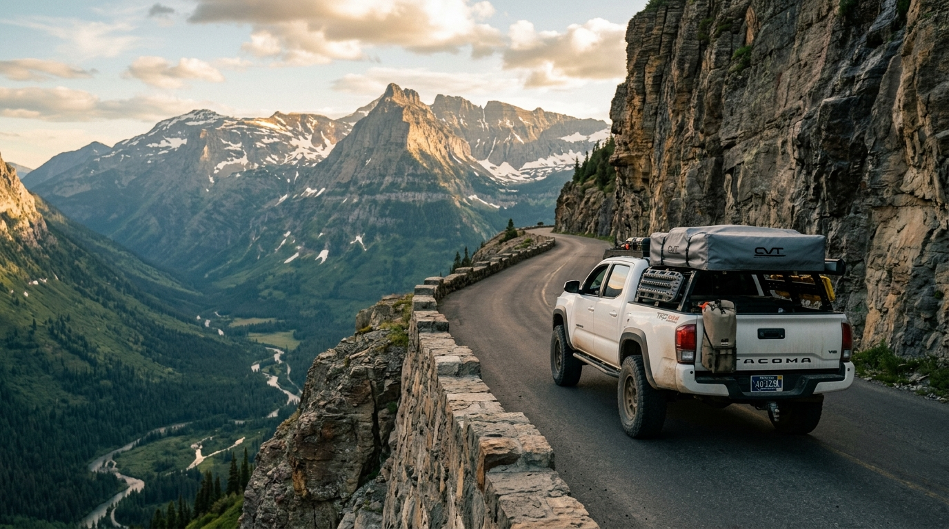 Overland rig on a high mountain road below glaciated limestone peaks in Montana's northern Rockies at golden hour