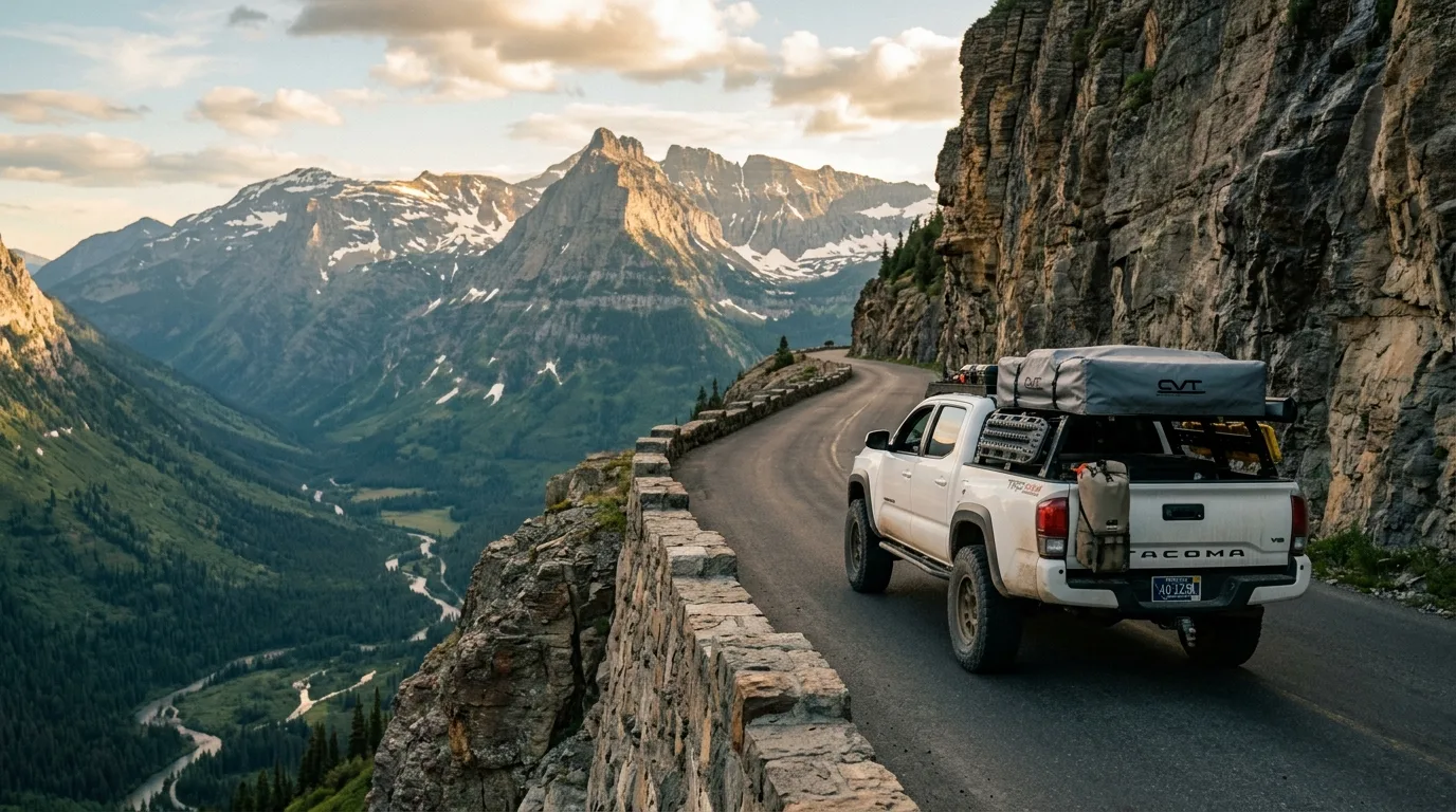 Overland rig on a high mountain road below glaciated limestone peaks in Montana's northern Rockies at golden hour