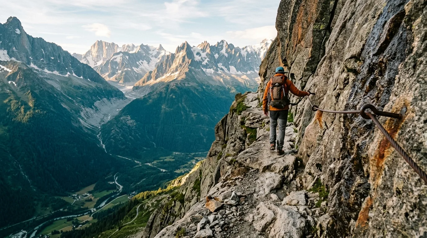 Narrow ledge trail cut into a sheer cliff face high above a deep valley with a hand cable along the rock