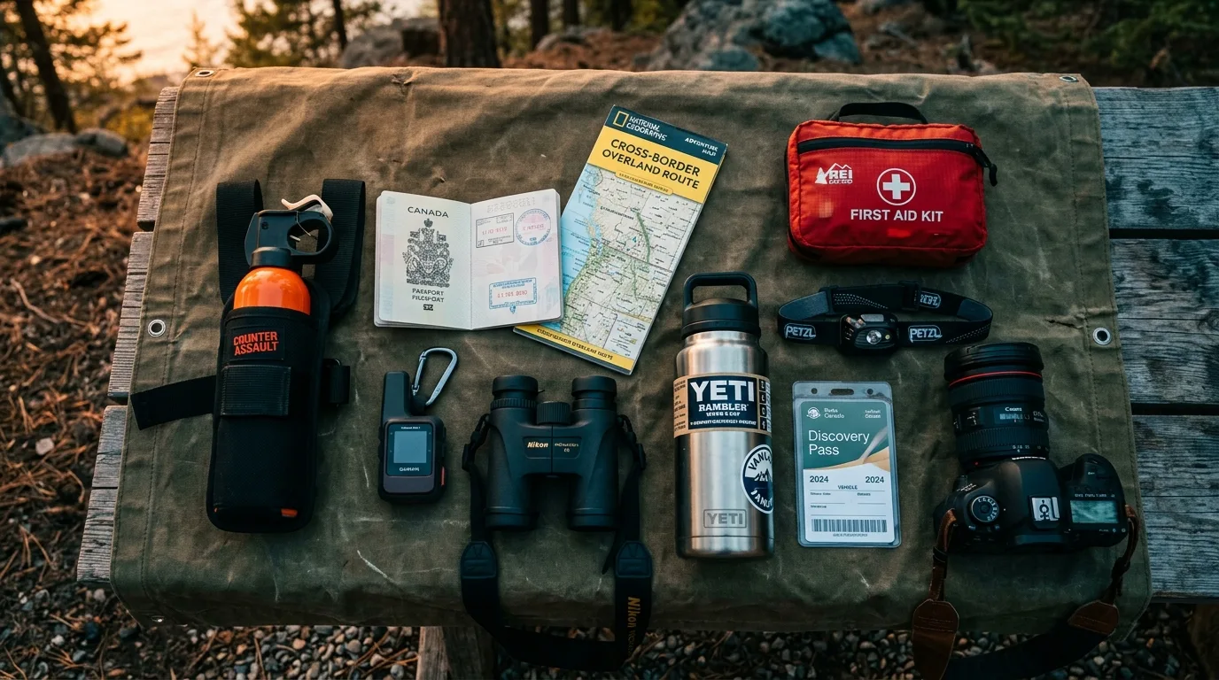 Overhead flat lay of a cross-border overlanding kit: passport, bear spray in a chest holster, water bottles, printed maps, first aid kit, dog papers, card wallet