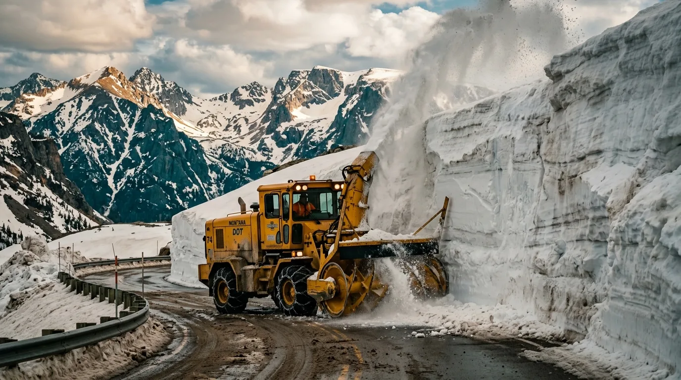 Rotary snowplow cutting through a towering wall of compacted snow on a narrow high mountain road in spring
