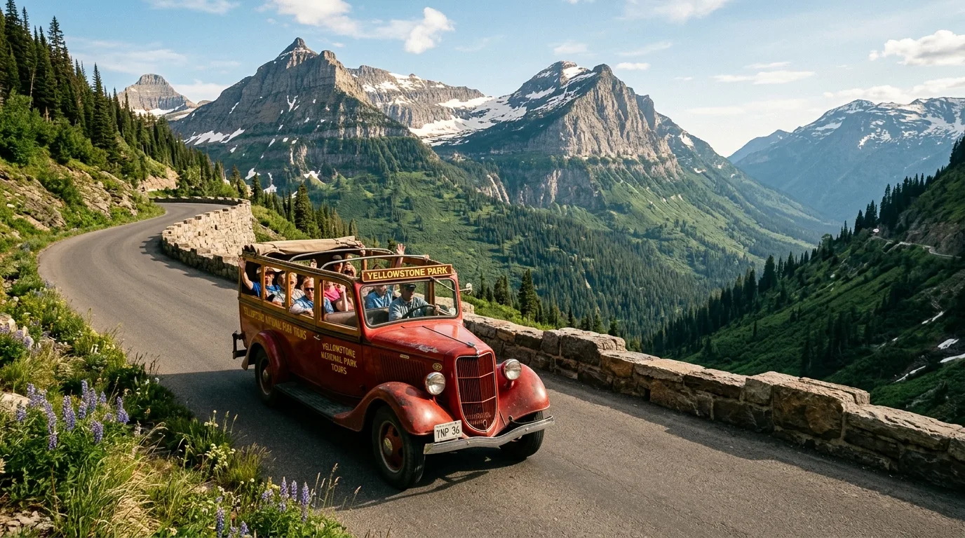 Vintage red touring bus with a roll-back canvas roof on a narrow cliffside mountain road