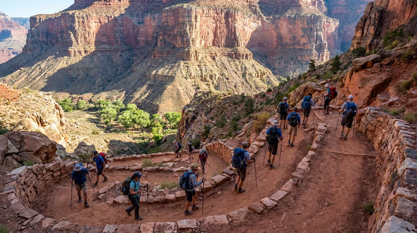Hikers descending well-graded reddish dirt switchbacks cut into a steep canyon wall with a rock retaining wall, day packs and trekking poles, towering layered cliffs above and a green pocket far below, Bright Angel Trail Grand Canyon, ultrarealistic photograph representative of the region