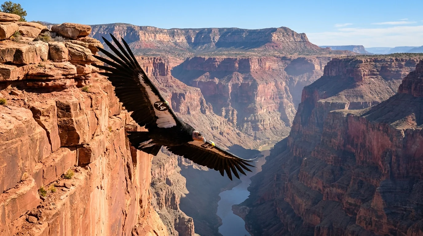 A California condor with enormous black wings and white underwing patches and a numbered wing tag soaring on thermals against layered red canyon walls and open sky above the rim, Grand Canyon Arizona, ultrarealistic photograph representative of the region