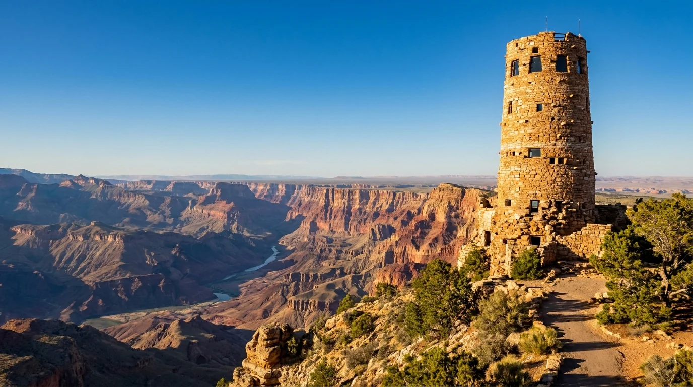 A tall round stone watchtower of stacked rough masonry standing on the canyon rim, wide views over the big bend of the Colorado River and the Painted Desert beyond, warm afternoon light on weathered stone, Desert View Watchtower Grand Canyon, ultrarealistic photograph representative of the region