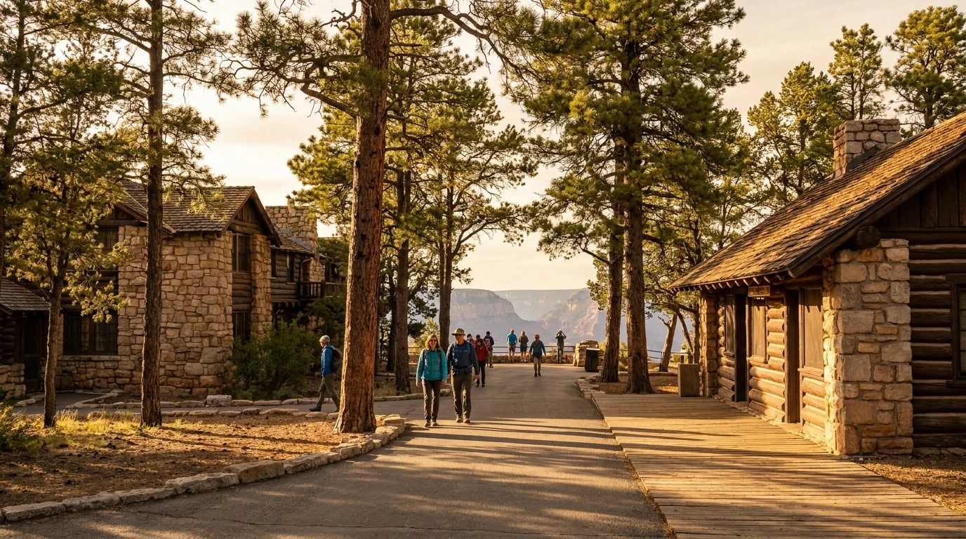 Rustic early-1900s stone-and-timber lodge buildings and a log-and-stone depot along a canyon-edge walkway with visitors strolling and tall pines framing a glimpse of the canyon, Grand Canyon Village South Rim, ultrarealistic photograph representative of the region