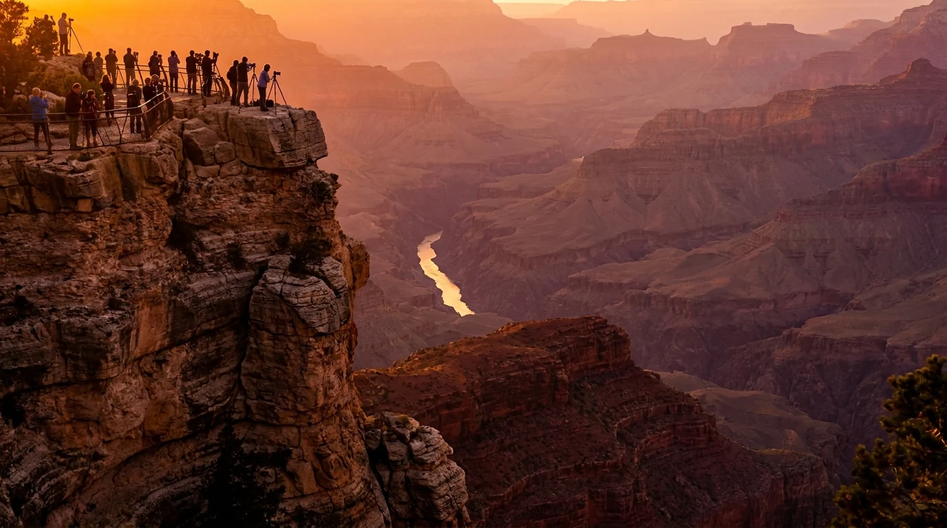 Sunset from a far-projecting rim viewpoint with silhouetted visitors watching the canyon glow orange and violet, the Colorado River catching light far below in the inner gorge, layered cliffs receding into warm haze, Hopi Point on Hermit Road Grand Canyon, ultrarealistic photograph representative of the region