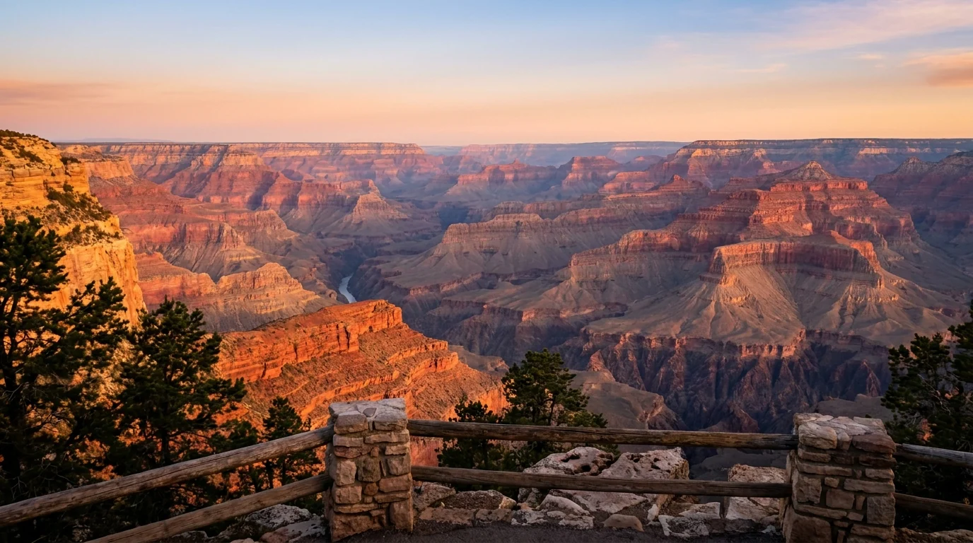 Vast layered red and ochre canyon walls receding in rows of buttes below the South Rim at first light with the Colorado River faint in the depths, Grand Canyon Arizona, ultrarealistic photograph representative of the region
