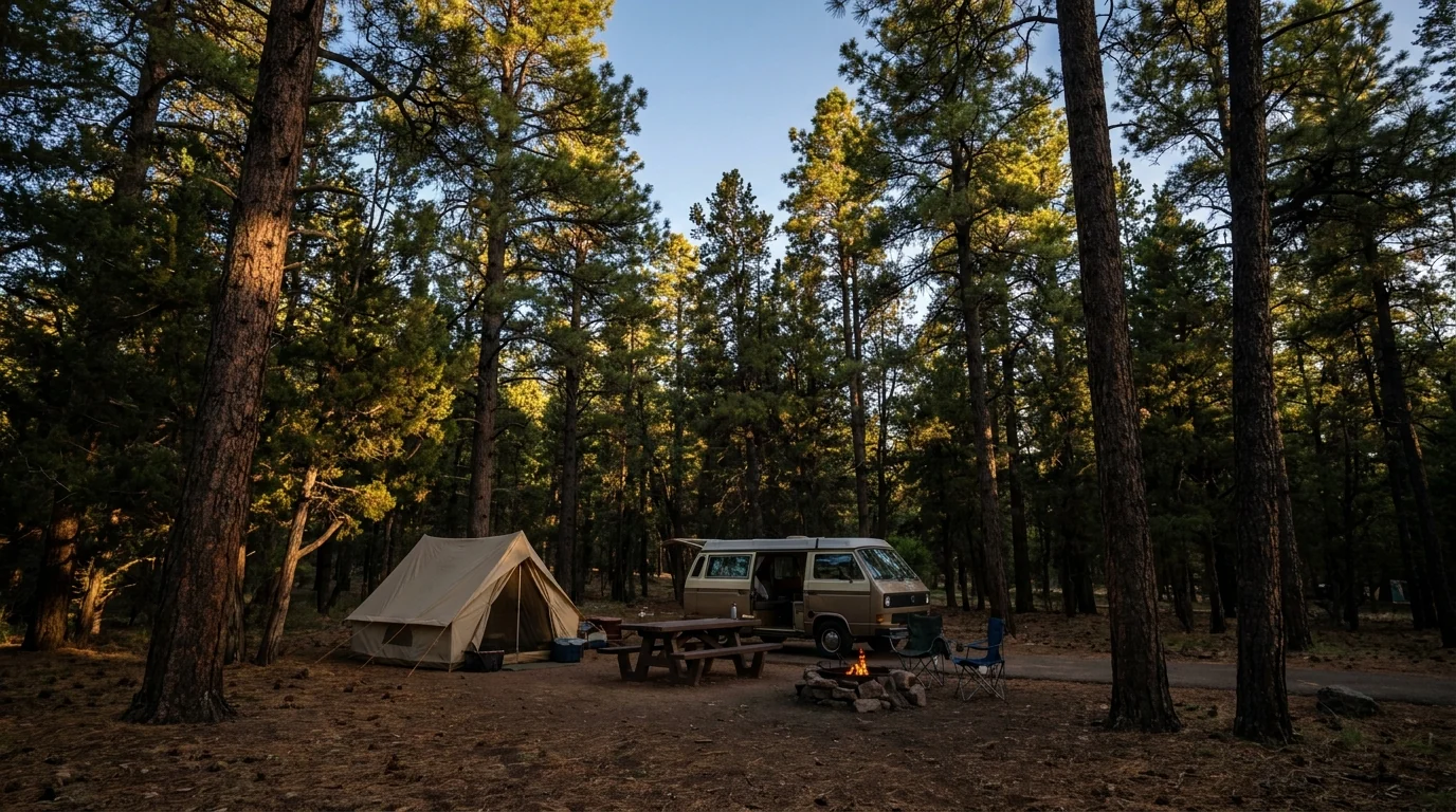 A quiet forested campsite with a tent and a small camper van among tall ponderosa pines and pinyon-juniper, a picnic table and fire ring, dappled evening light through the trees, Mather Campground South Rim Grand Canyon, ultrarealistic photograph representative of the region