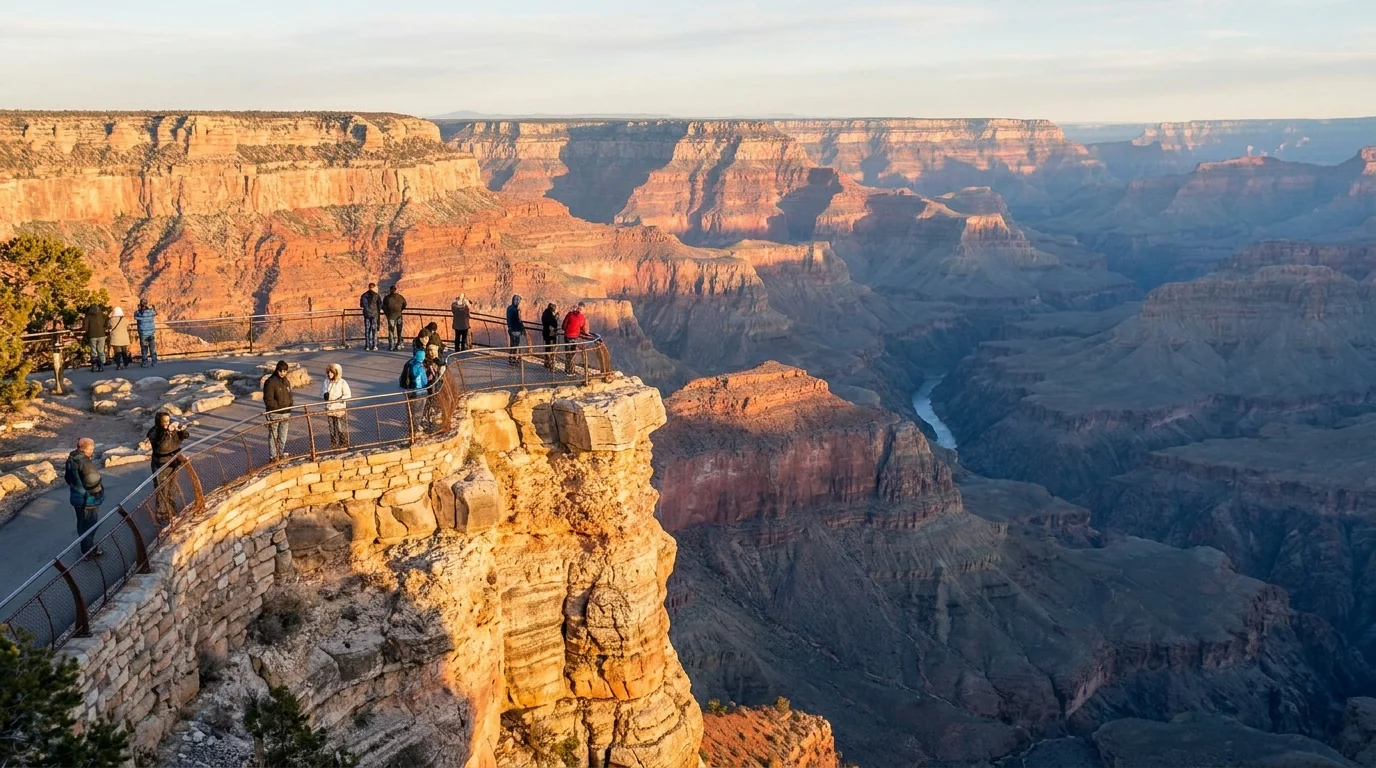 A projecting rock overlook with a low stone-and-steel guardrail above a sheer drop, visitors small in frame looking out over vast striated canyon walls in warm golden-hour light, Mather Point South Rim Grand Canyon, ultrarealistic photograph representative of the region
