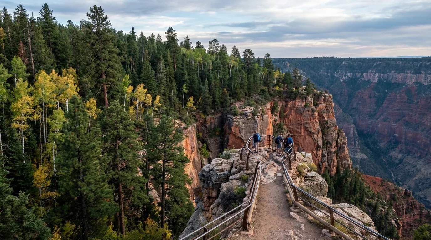 Tall ponderosa pines and quaking aspens meeting an abrupt canyon edge with a narrow railed viewpoint spur reaching out to a rocky point high above red-rock depths, cooler high-elevation light, North Rim Grand Canyon, ultrarealistic photograph representative of the region