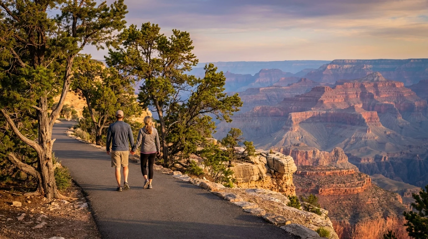 A flat paved rim-edge walking path with scattered juniper and pinyon pines, a couple strolling with the vast canyon opening to their right, soft late-afternoon light and distant blue-hazed buttes, Rim Trail South Rim Grand Canyon, ultrarealistic photograph representative of the region
