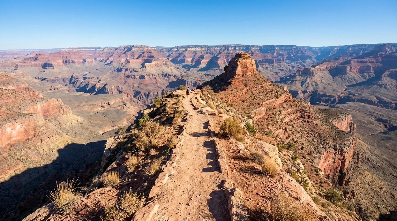 A narrow dusty trail following an open ridgeline into the canyon with dramatic drop-offs on both sides, big panoramic layered canyon views and no shade anywhere, harsh clear light and red rock, South Kaibab Trail Grand Canyon, ultrarealistic photograph representative of the region