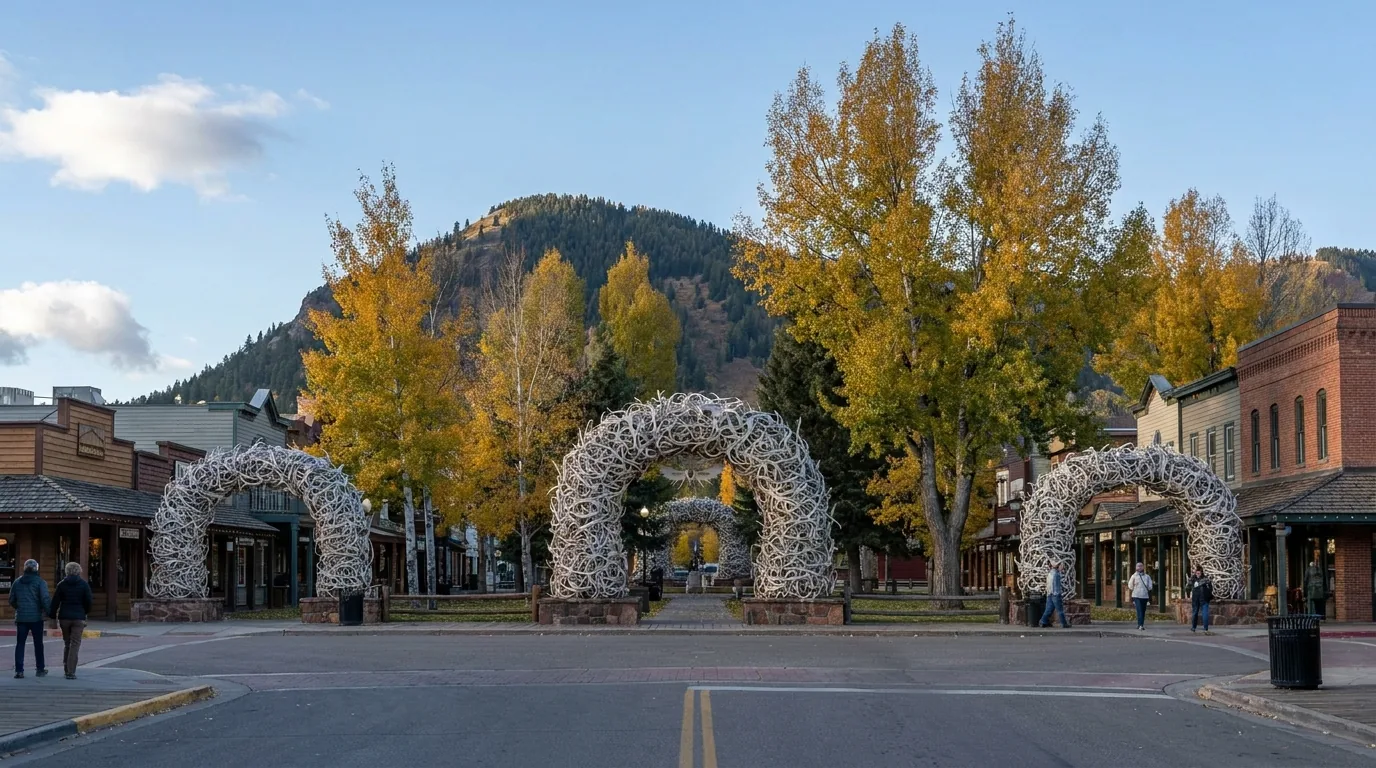The main square of a western mountain town with low storefronts, an antler archway at the corner of a green park, parked pickup trucks and pedestrians on wooden boardwalks, forested butte rising behind, Jackson Wyoming, ultrarealistic photograph representative of the region