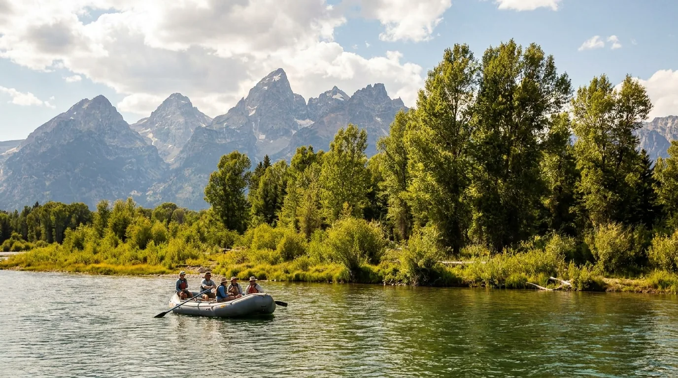 An oar-powered raft drifting on the calm braided channels of the Snake River with cottonwoods on the banks and the Teton Range standing above, low warm morning light on the water, Grand Teton National Park Wyoming, ultrarealistic photograph representative of the region