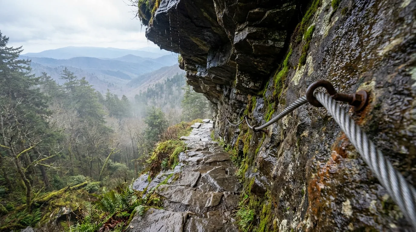 A narrow rocky mountain trail cut across a steep exposed rock bluff with a steel cable handrail bolted into the stone, wet overhanging rock and blue-hazed ridges dropping away below, Alum Cave Trail Great Smoky Mountains National Park, ultrarealistic photograph representative of the region