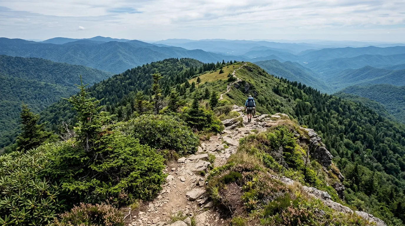 A narrow footpath running along a high open crest between wind-stunted spruce and grassy heath balds with a lone hiker far off for scale and blue-hazed layered ridges falling away on both sides, Appalachian Trail Great Smoky Mountains National Park, ultrarealistic photograph representative of the region