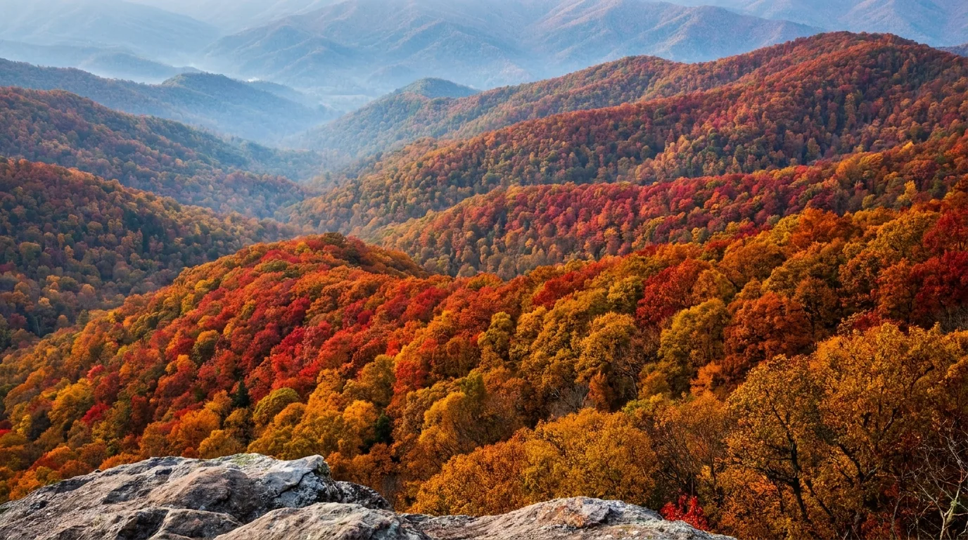 A vast southern Appalachian hardwood forest at peak autumn colour seen from a high overlook, scarlet oak, sugar maple and hickory in gold, orange and deep red with colour banding by elevation and blue haze in the valleys, Great Smoky Mountains National Park, ultrarealistic photograph representative of the region